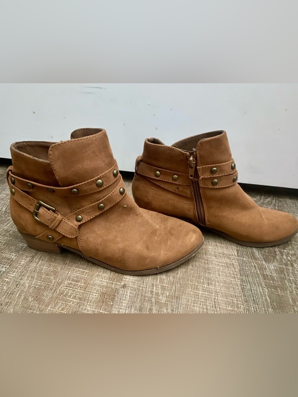 Women's Tan Suede Ankle Boots with Studded Strap